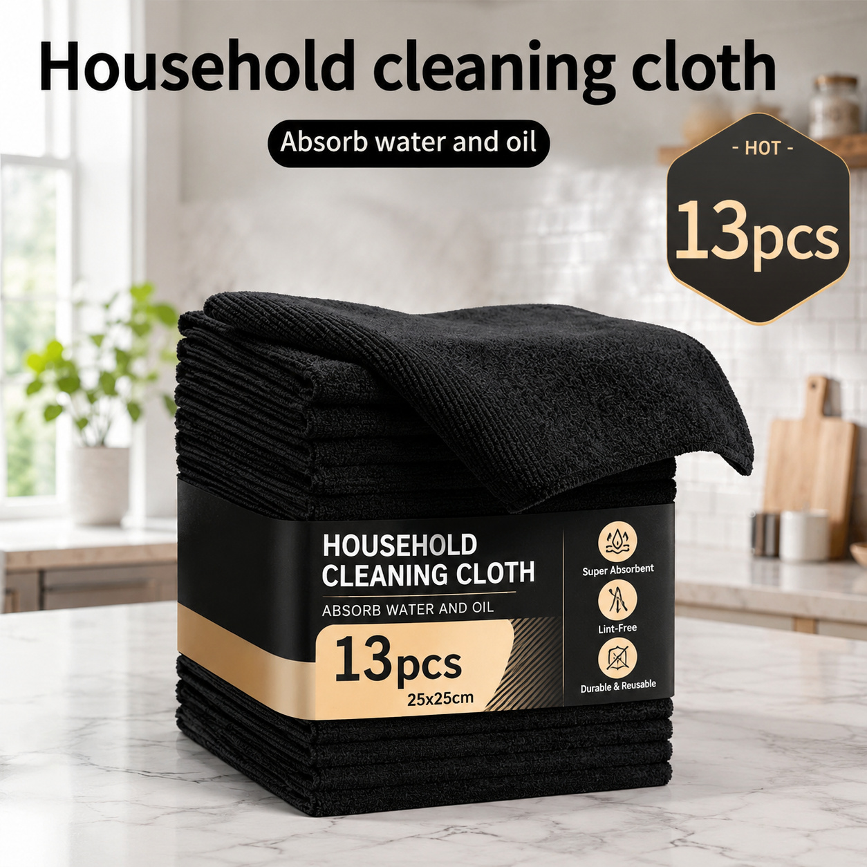 TEMU 13pcs Black Reusable Cleaning Cloths, Durable Kitchen Towels, Absorbent And Dishcloths, Can Replace , , Suitable For Cleaning Kitchens, Windows,