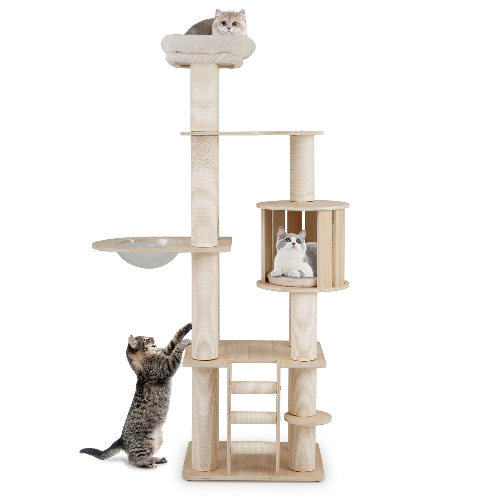 185cm Tall Wooden Cat Tree, Solid Plywood Kitten Tower With Condo, Perch, Space Capsule, Scratching Posts, Ladder, Washable Plush Cushions