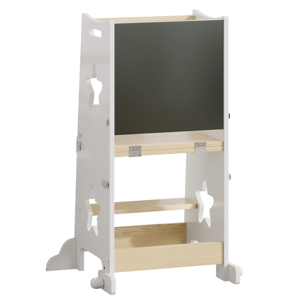 3-In-1 Kitchen Step Stool, Foldable Learning Standing Tower with Blackboard, Wooden Kitchen Stool Helper for Kids, Old Boy Girl Gifts