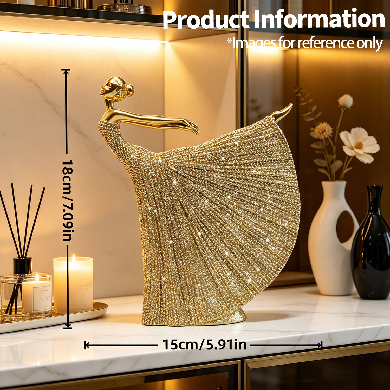 TEMU 1pc Luxury Ballerina Resin Figurine, Golden/silver Rhinestone Beaded Dancer Sculpture, Creative Tabletop Home Decor For Living Room, Bedroom,