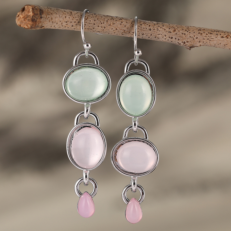 E-shop Elegante Mondstein-Tropfenohrringe mit rosa und blauen Steinen - Böhmischer Stil Haken-Ohrringe für Frauen, für Hochzeiten, Jubiläen und lässige