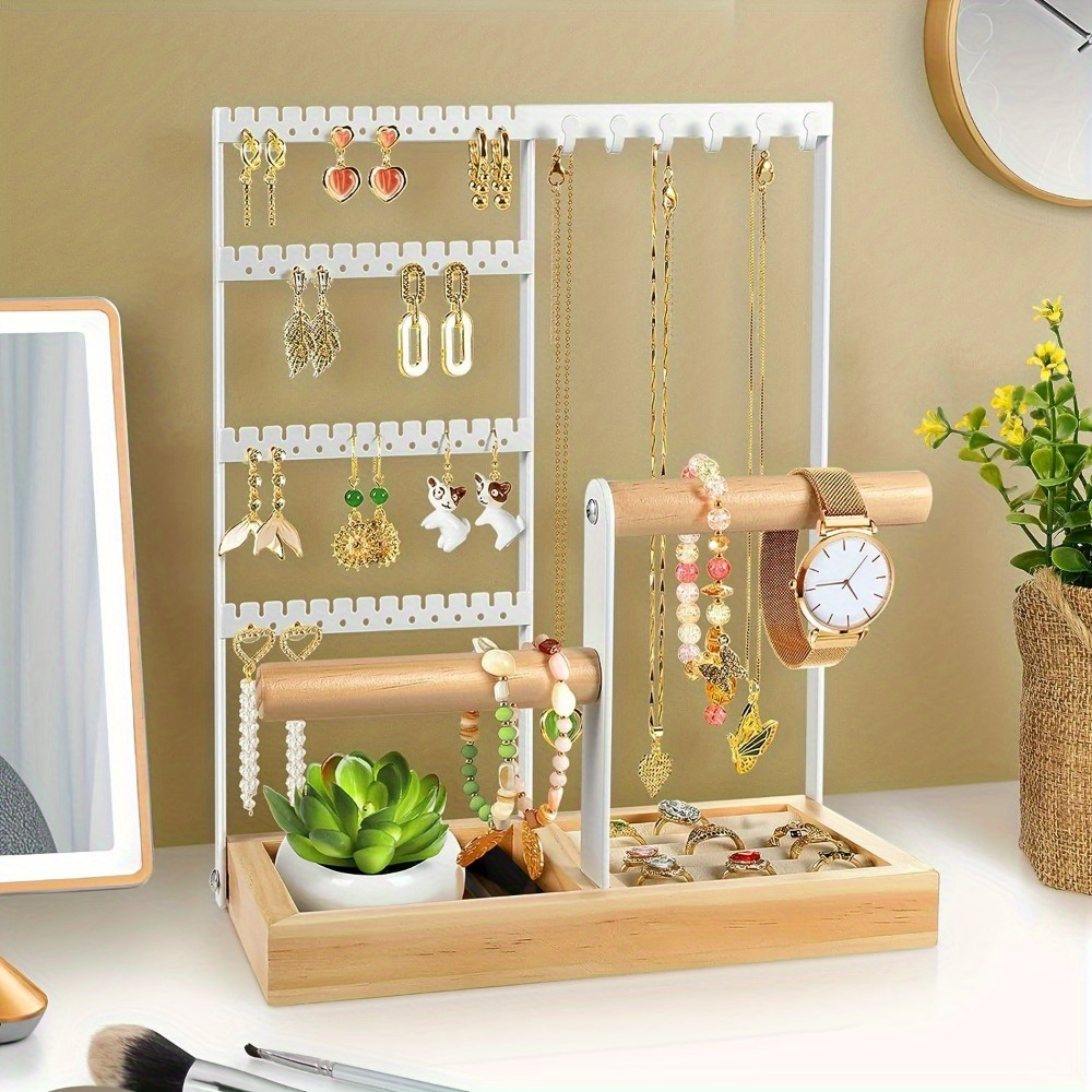 TEMU 1pc Wooden Jewelry Organizer Stand With 4-tier Earring Holder, 48 Holes, 6 Hooks For Necklaces, Rings, Bracelets - Multi-functional Display Shelf