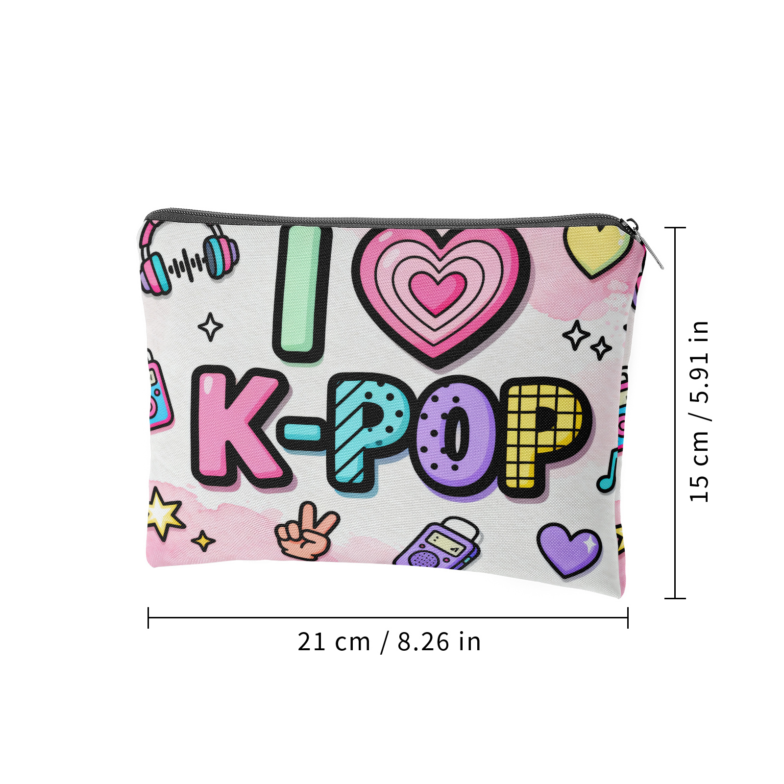 TEMU "-pop" Lined Storage Bag, Cartoon Music Elements Double-sided Print Makeup Pouch, Travel Toiletry Bag With Lining, Multi-functional Organizer,