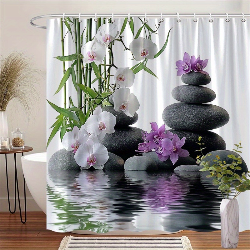 TEMU 1pc Minimalist Zen Shower Curtain - Vibrant & Reflective Water Design, Soft Polyester Fabric With 12 Hooks, Machine Washable For Bathroom Decor,