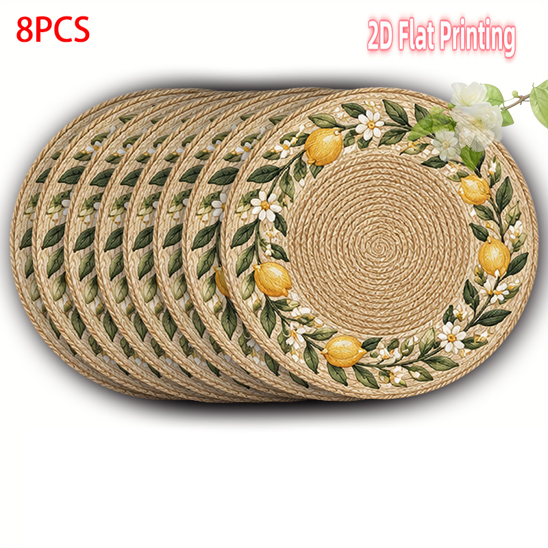4-6-8pcs 2d Printed Placemats Rattan Lemon Circle-15 Inch Polyester Table Mats, Decor For Home, Wedding, Anniversary, Festival, Banquet And Party