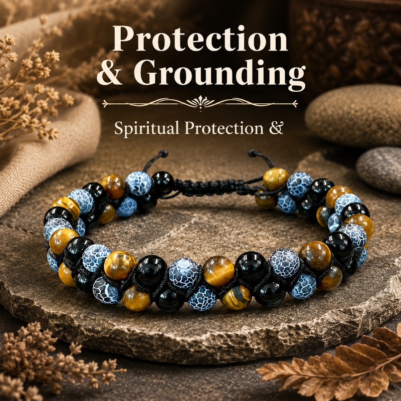 TEMU Eye And Stone Double-layer Braided Bracelet For Men And Women, Featuring An Adjustable Black Cord Design. Symbolizing Protection And Stability,