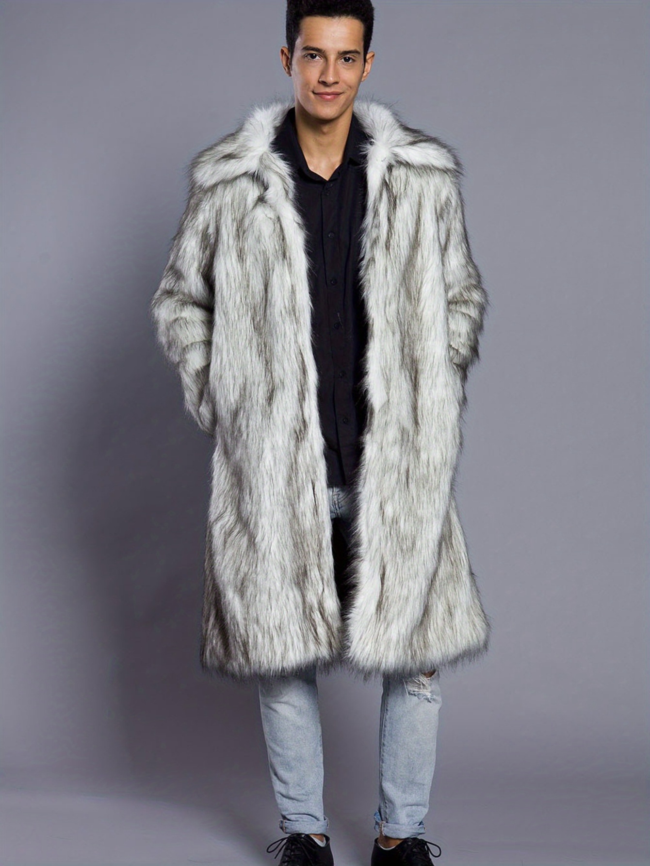 Men S Long   Fur Coat - Casual Crew Neck, Solid Color, Non-Stretch Fabric, Regular Fit,   Fall & Winter, Stylish Outerwea asual Style|Nonstretch Fabric, Medieval, Halloween Costume For Men