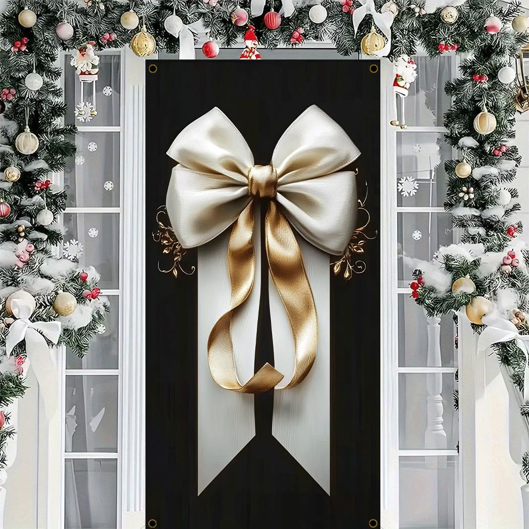 

Large Polyester Christmas Bow Door Curtain - Indoor/outdoor Holiday Decor, Contemporary Style, Ideal For Home & Party, Winter Decoration, 1pc, Christmas Decor