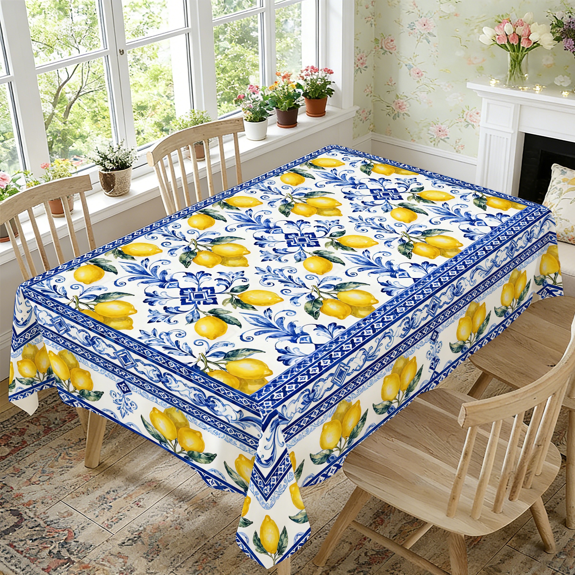 TEMU 1pc Lemon Print Tablecloth Suitable For Weddings, Birthdays & First Communion - Rectangular Table Cover With Lemon Border Trim, Elegant