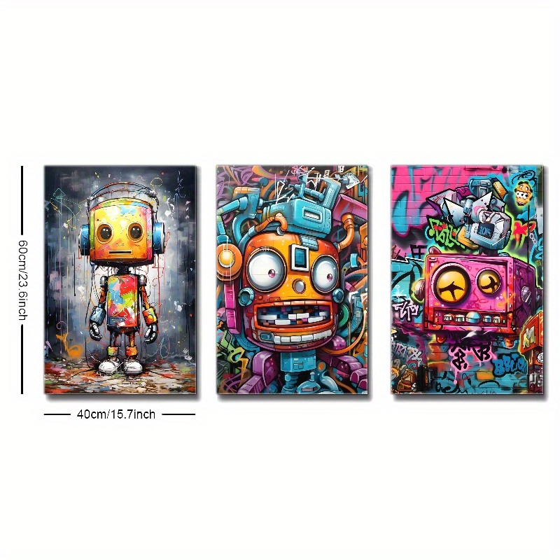 3pcs Framed Canvas Art - Vibrant Graffiti Robot & Space-Themed Wall Decor with Pine Wood Frame, Perfect for Living Room, Bedroom, Cafe, or Bar, Indoor/Outdoor Use, Indoor Wall Decor | Vibrant Wall Art | Wrapped Canvas Frame, Wall Art Decor - Image 9