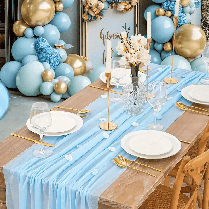 TEMU 1 Mantel de Chiffón Azul Cielo, 30*300cm/*118.11in, Decoración de Mesa de Comedor Estilo Bohemio, Mantel de Tul Azul , para Románticas y