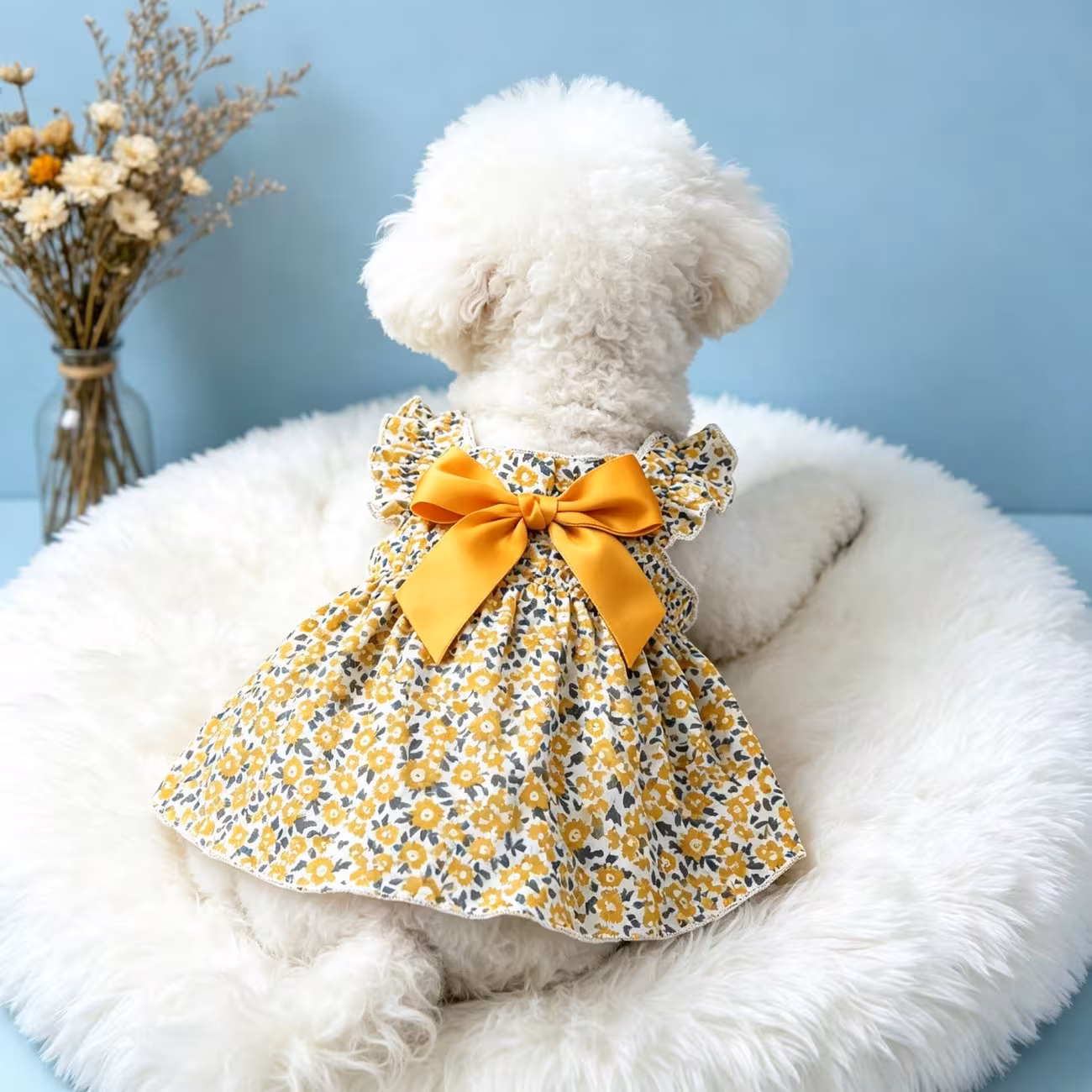 1pc small dog summer dress floral printed ruffle strap pet cami dress with back bow cute puppy clothes for bichon poodle daily outfit Product details 24