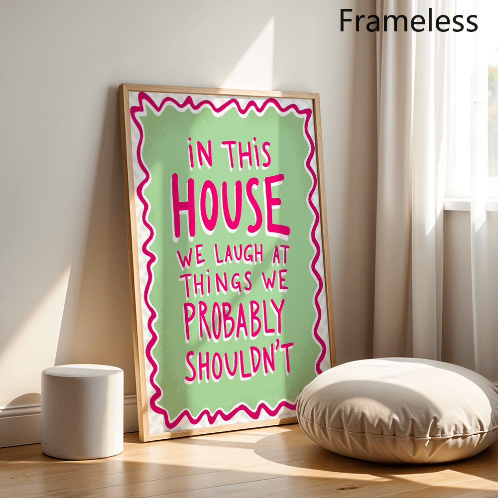 TEMU 2d Flat, 2d Flat, 1pc Pink And Green Text Quote Art Print | 'we Laugh In This Home' Canvas Painting, Unique And Decoration, Gift For Living Room
