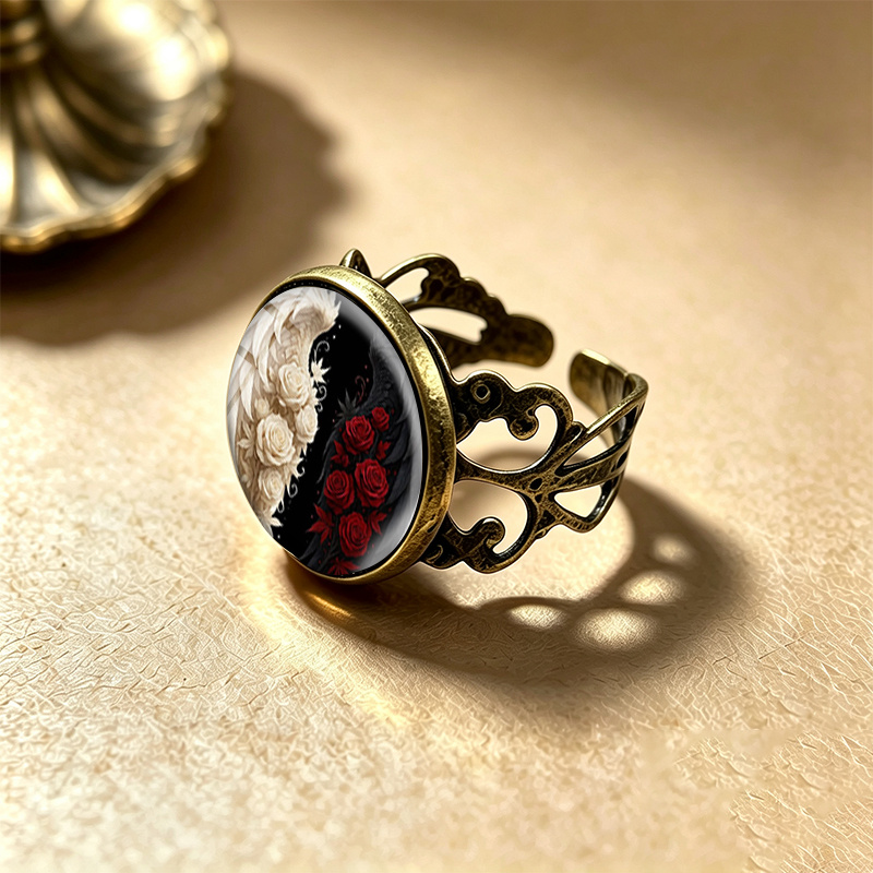 Handmade Yin Yang Glass Dome Adjustable Unisex Ring