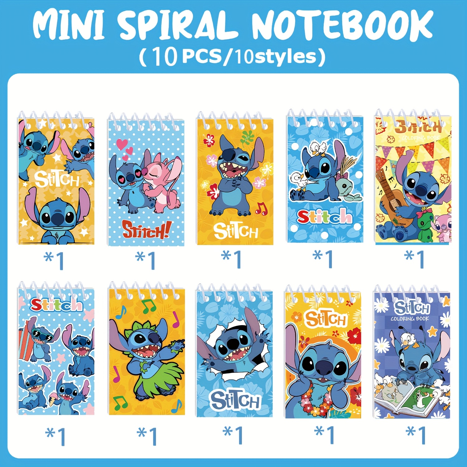 E-shop 10 Stück Niedliche Stitch Mini Spiral Notizbücher | 6 Farbenfrohe Muster mit Cartoon Charakter Designs, Gelbordwirkpapier, für Büro, Schule oder