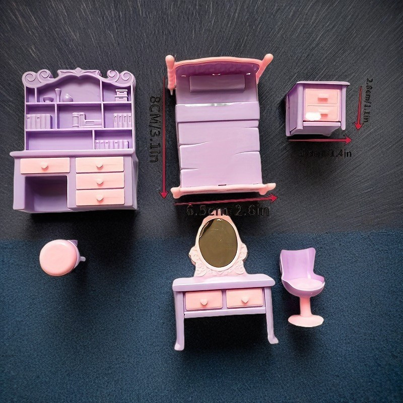 

6pcs Miniature Set - Purple Bed, Desk, , , And - For Toy Decorations