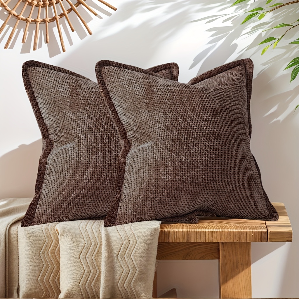 Image of 2pcs Simple Cushion Cover For Living Room Sofa Or Bedroom, Made Of Chenille Fabric With A Small Checkered Weave Pattern And Piped Edges