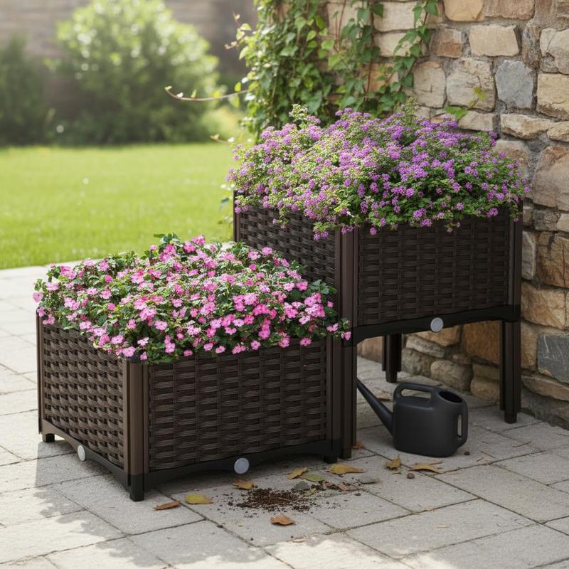 Pair Of 26l Cultivation Troughs 39x39x26cm For Backyard Terrace Balcony, Modular Design Stackable Structure Brown Polypropylene Material