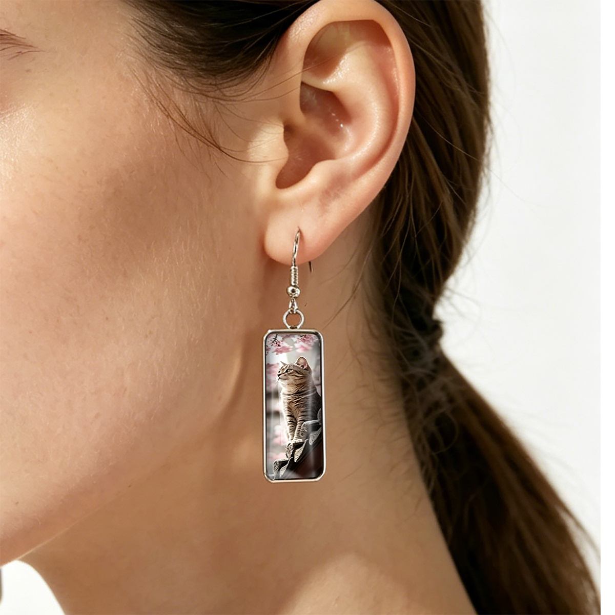 Pink Floral Background Cat Pattern Rectangular Earrings
