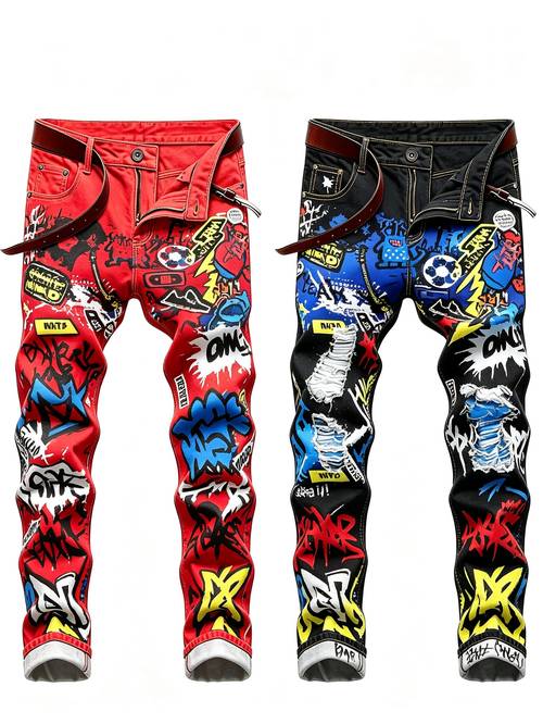 2pcs mens hip hop printed pants all match straight leg casual trousers for spring autumn daily street outfits