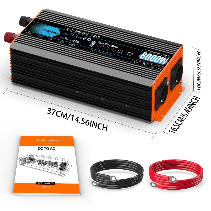TEMU 8000w Pure Sine Wave Inverter, 2200w Heavy-duty Inverter, 12v To Ac 220v/230v, Equipped With 2 Eu Sockets, 1 Usb Port, 1 Type-c Port, And A