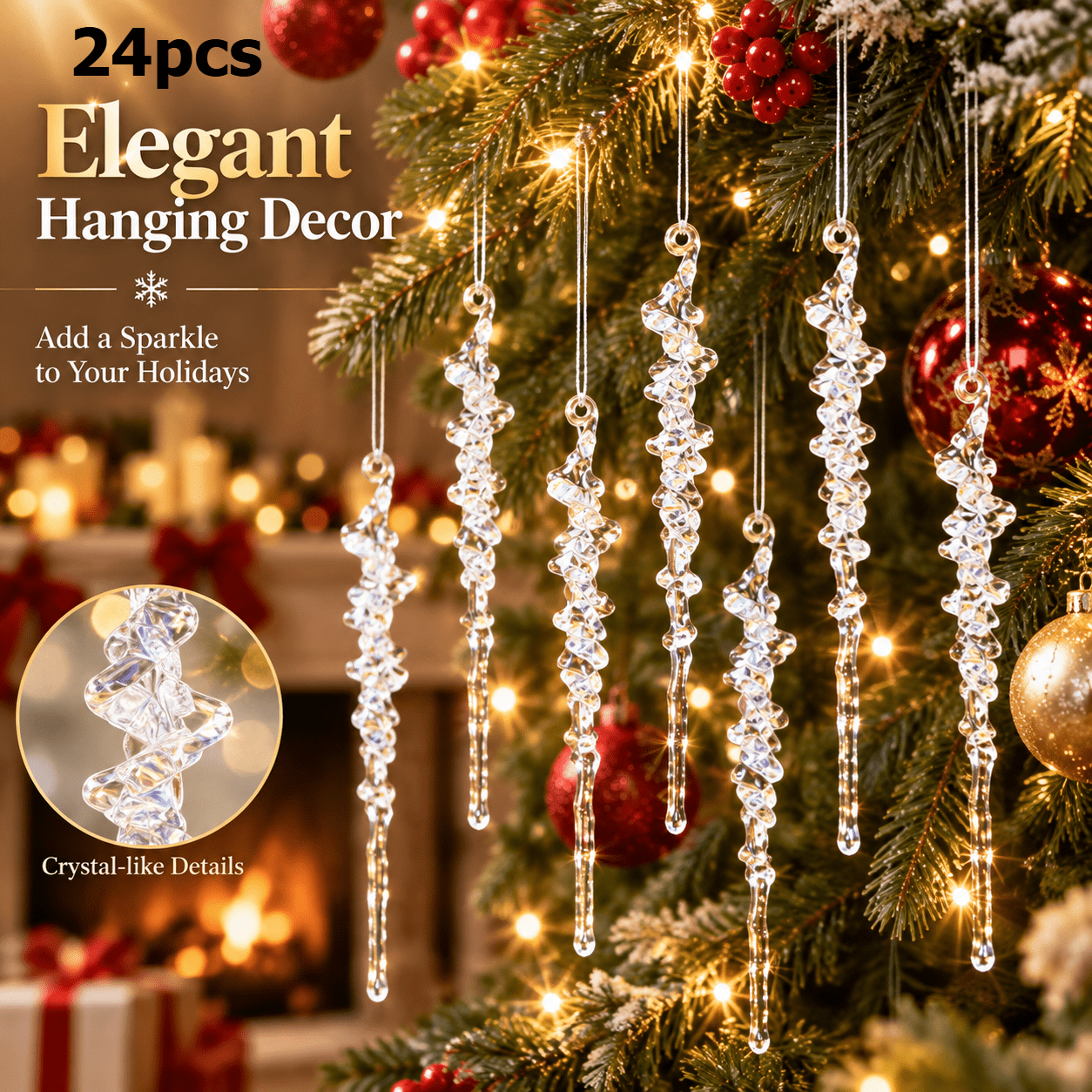 TEMU 24-pack Crystal-look Icicle Ornaments, Clear Ice Shaped Hanging Decor, Ideal For Xmas Tree, Window, Wreath, Garland, And Indoor Home Holiday