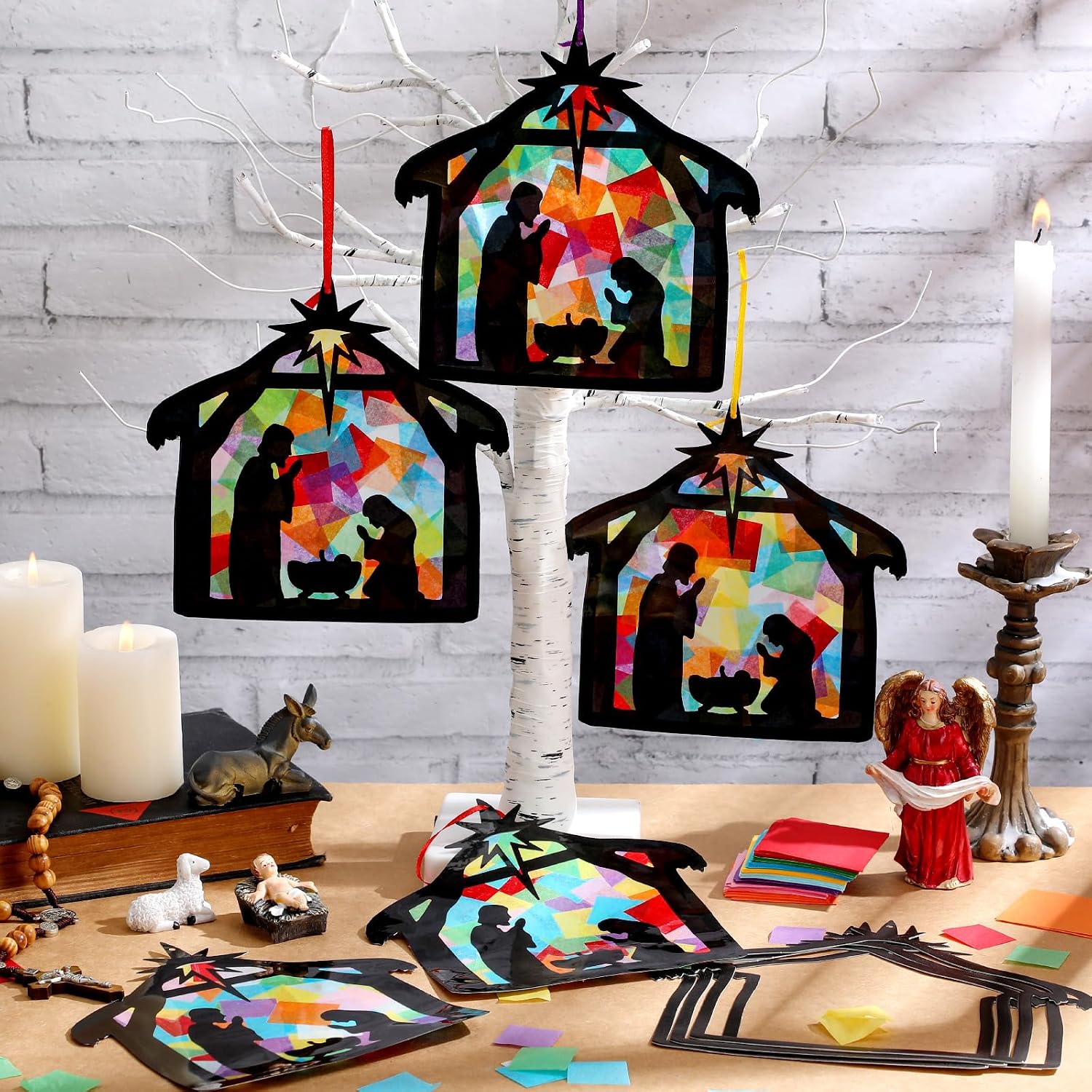 TEMU 3/6 Sets Christmas Nativity Suncatchers Craft Kit Color Random Tissue Paper Vbs Sunday Make A Nativity Tissue Paper Kit For Holy Night Christian