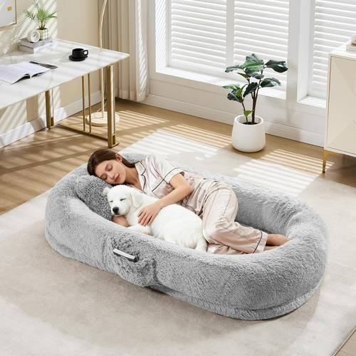 giant human dog pet bed washable faux fur orthopedic bed with plump pillow side pocket strap