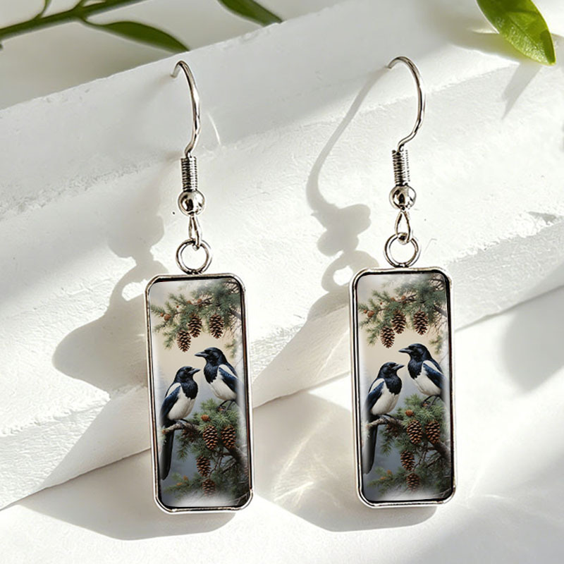 TEMU 1 Pair On Pine Branch Stainless Steel Rectangular Drop Earrings Unisex Jewelry, Without Battery