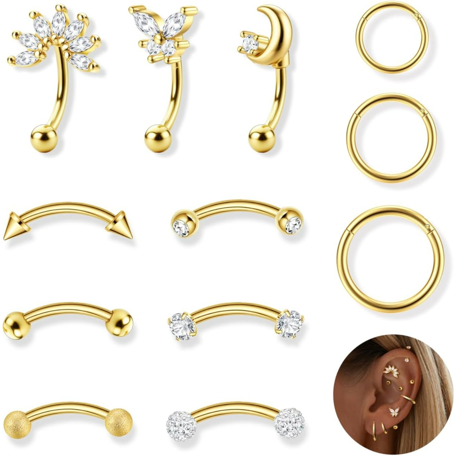 12pcs Rook Piercing Jewelry Eyebrow Rings Stainless Steel Belly Lip Ring Cartilage Hoop Rook Daith Earrings Tragus Body Piercing Curved Barbell