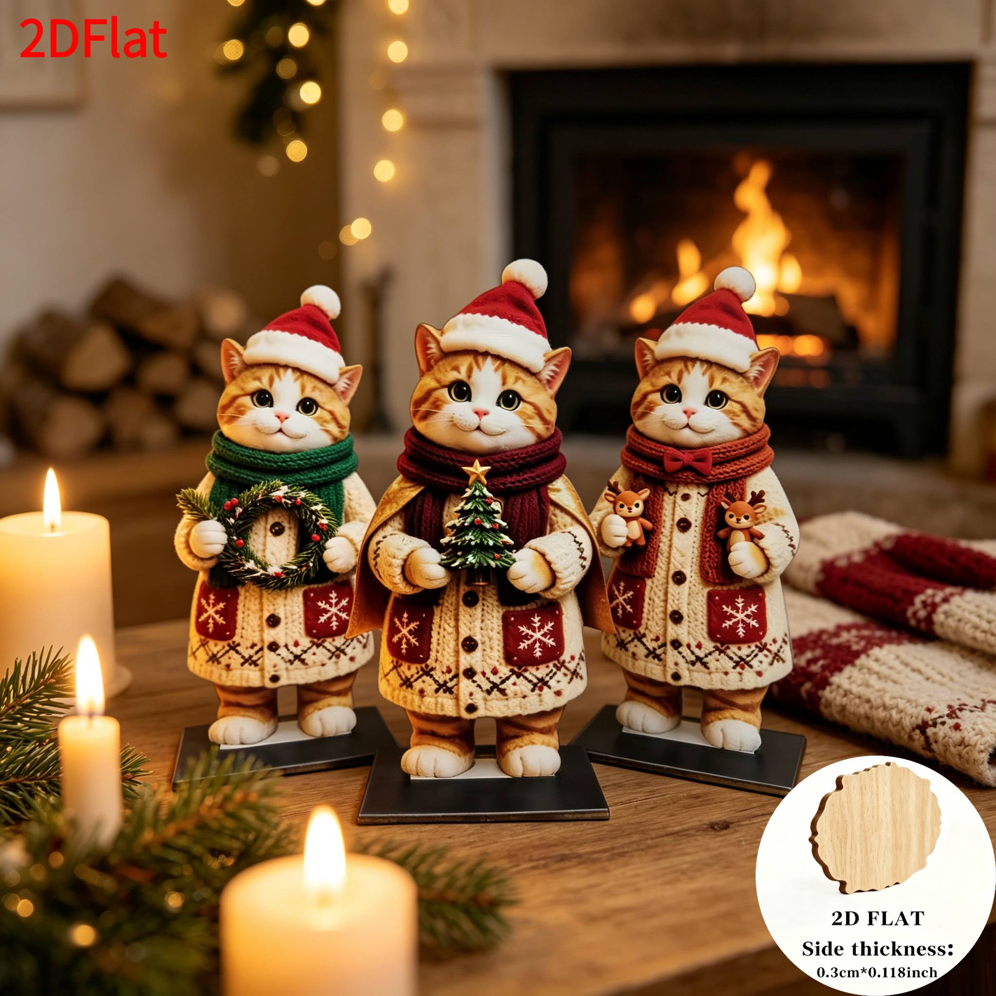 TEMU 2d Flat, 3pcs Retro Christmas Kitten Wooden Desktop Ornaments, Complete With Santa Hat, Sweater And Scarf; Adorable Christmas Kittens. Retro