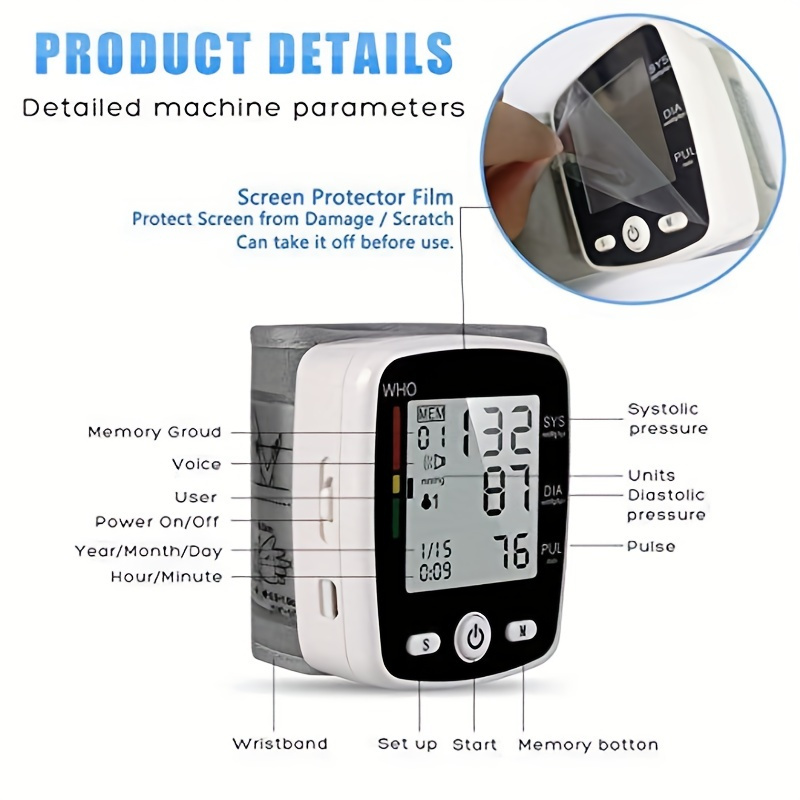   rechargeable   wrist blood pressure cuff monitor with usb charging automatic digital bp machine voice broadcast large display screen built in rechargeable lithium battery Product details 4