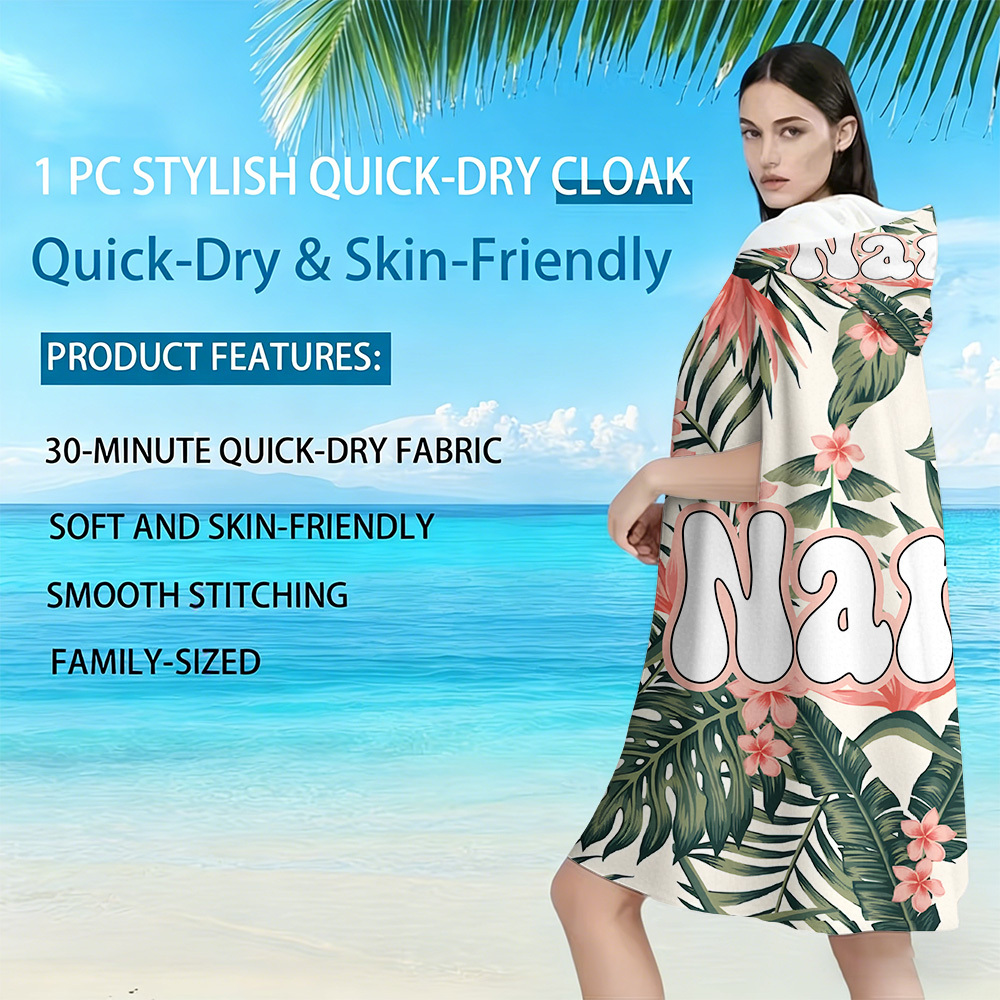 TEMU 1pc Custom Name Tropical Floral Hooded Beach Towel Cape, Universal Quick-dry Absorbent Bath Towel, Summer Swimming Surfing Changing Robe,
