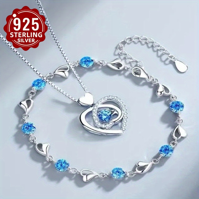 2pcs 925 Silver Heart Necklace + Bracelet Fashion Jewelry Set Women's Vintage Korean Shiny Shop With Shiny Jewelry Valentine's Day Gift Party Wedding Best Gift