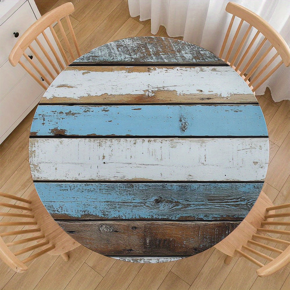 TEMU Nappe ronde 1 pièce rustique à grain de bois vieilli bleu et blanc - Ajustement élastique adapté aux - air, au camping, aux repas dans , nappe
