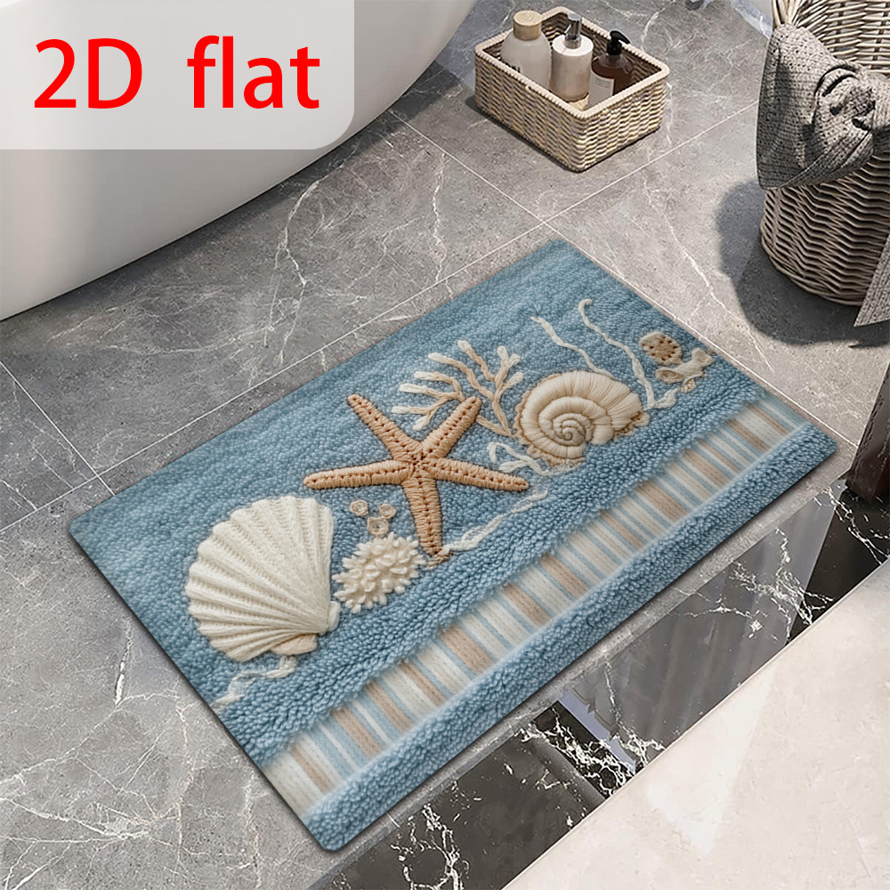 TEMU 2d Flat, 2d Flat 1pc Shell And Starfish Pattern Printed Bathroom Mat, Made Of Soft Flannel. Suitable For Bathroom, Living Room, Bedroom, Dining