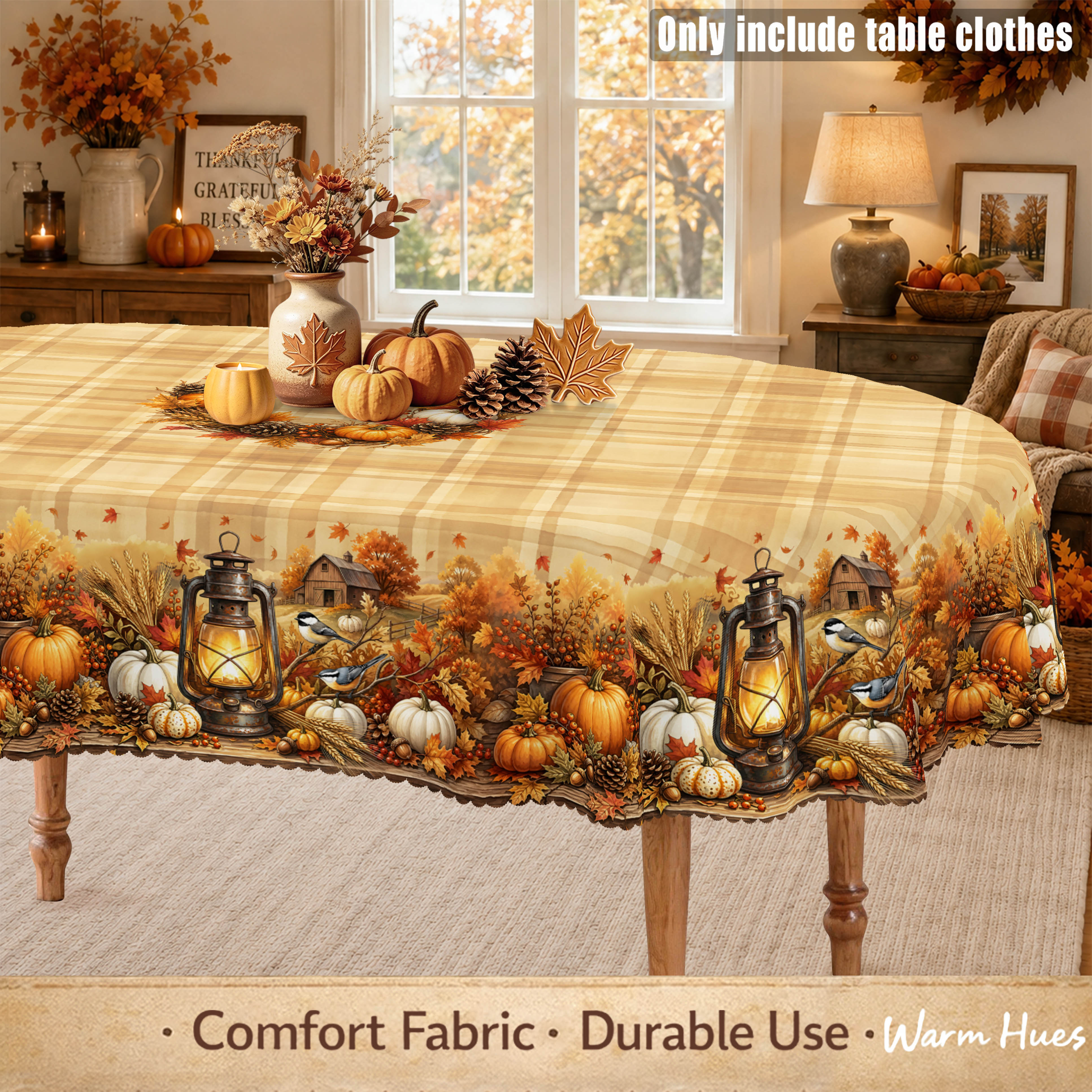 TEMU 1pc, Vintage Tablecloth, Pumpkin Maple Leaf Lantern Bird Print, , Thanksgiving Autumn Farmhouse Kitchen Dining Decor, Rustic Decor, Indoor