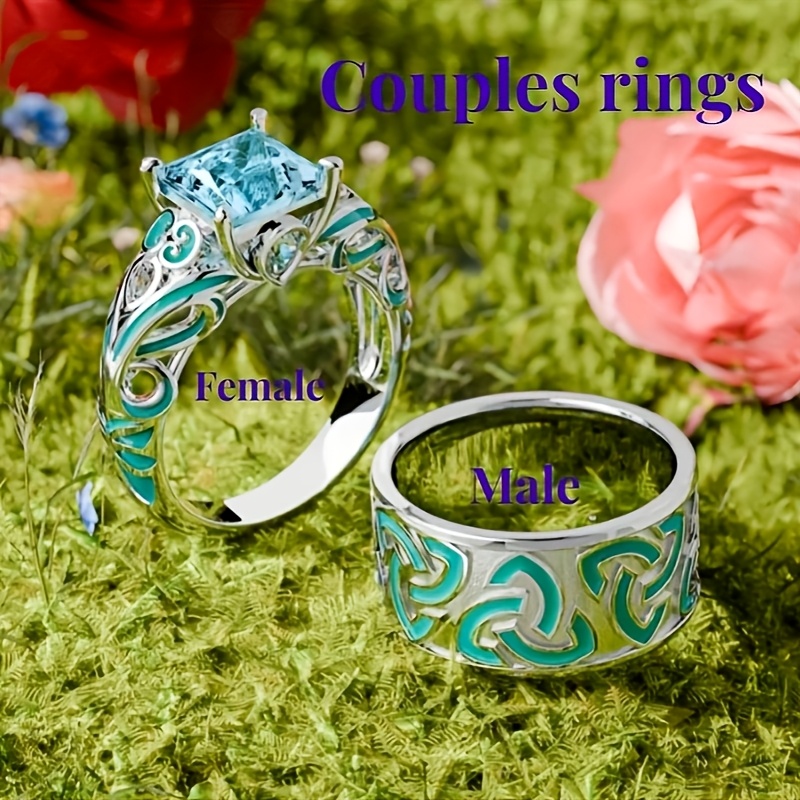 1pc Celtic Enamel Blue Square Synthetic Cubic Zirconiaia Couple Ring, He and Her Promise Wedding Ring, Romantic Anniversary Jewelry Gift for Couple, for Teenager