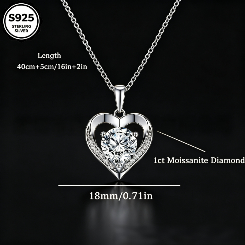 Image of 925 Silvery Halo Pave Heart Moissanite Necklace For Women, Elegant Hollow Love Shape Pendant, Delicate Ornament For Vacation Daily Date Holiday Celebration, Gift Box Included