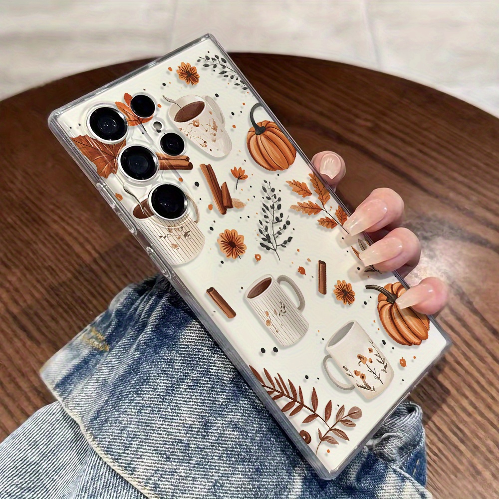 TEMU Coque de téléphone - Coque de téléphone avec un motif de citrouilles d'automne, de café et de feuilles, compatible avec divers modèles Samsung