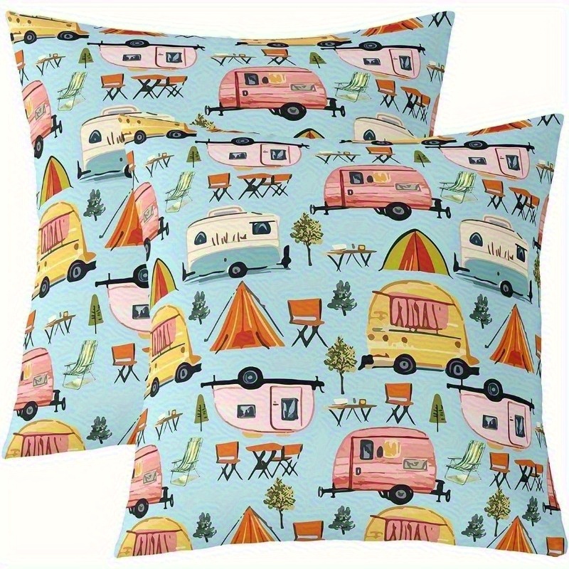 TEMU 2pcs 18x18 Camping Cushion Set- Cartoon Pattern, Vintage Rv, Tent And Campfire Design, Durable Zipper Closure, Machine Washable Suitable For Rv