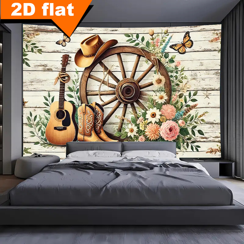 TEMU 2d Flat, 2d Flat Print Background Fabric - 1pc Country Cowboy Banner, Polyester Wall Decor With Boots And Bow Theme, Suitable For Living Room,