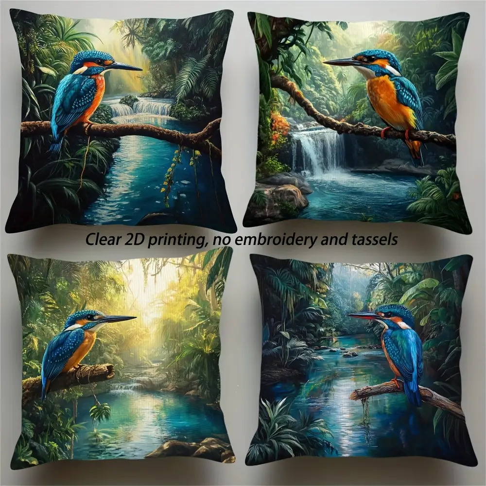 TEMU 4pcs Set, Shiny Kingfisher Bird Cushion Covers, No Embroidery Or Tassels, Insert Not Included, 2d Single-sided Print - Sofa, Bedroom, Polyester