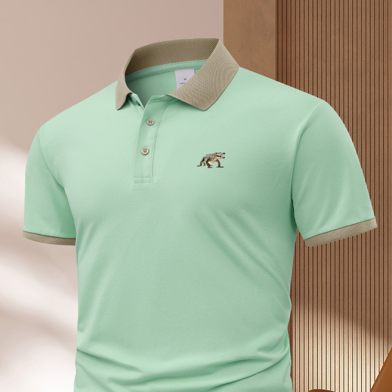 

Men' Casual Short Sleeve Lapel Shirt - 100% Polyester Knit Fabric, Regular Fit, Summer Geometric-pattern With Button Front Detail, Collar - Navy Blue, Light Green, Pink
