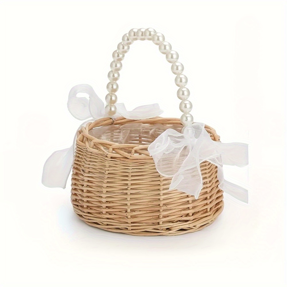 Image of 1pc Handcrafted Wicker Girl Basket With Pearl Handle And Bow - Perfect For Weddings, Easter, And Party Gifts (brown)