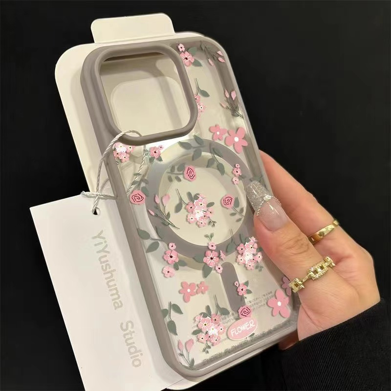 A Transparent Phone Case with Small Floral Designs, Featuring a Built-In Magnetic Circular Soft Shell, Compatible with iPhone Models 16, 15 Pro Max, 14, 13, 12, 11 Pro Max Plus, And 13 Mini.