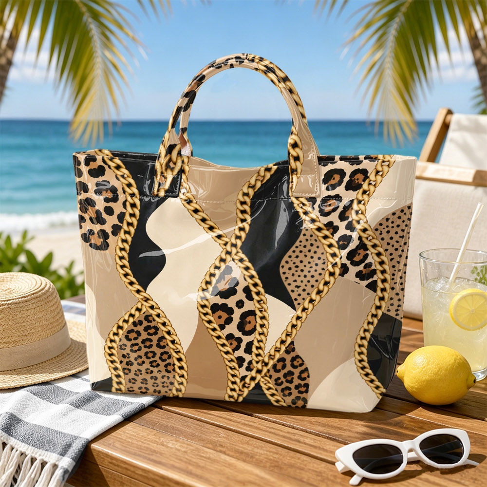 TEMU 1pc Leopard Print Metal Chain Spliced Pattern Glossy Pvc Tote Bag, Retro Luxury Print, Large Hand Carry Bag For Outdoor Travel , Store Cosmetics