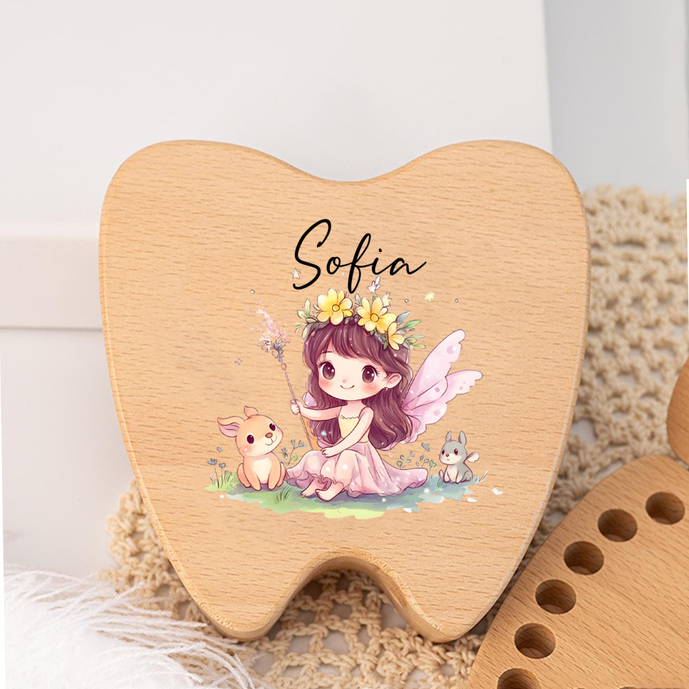 TEMU Custom Flower Fairy Wooden Tooth Box Set, Circular Organizer For Teeth & Keepsake Bottle For Teeth, Includes Name Recording, Ideal For Birthday