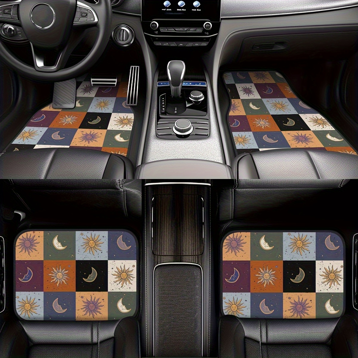 4pcs Car Floor Mats With Sun Moon Design Polyester Fiber Universal Floor Mats Car Additions Interior Decor Front And Rear Floor Mats