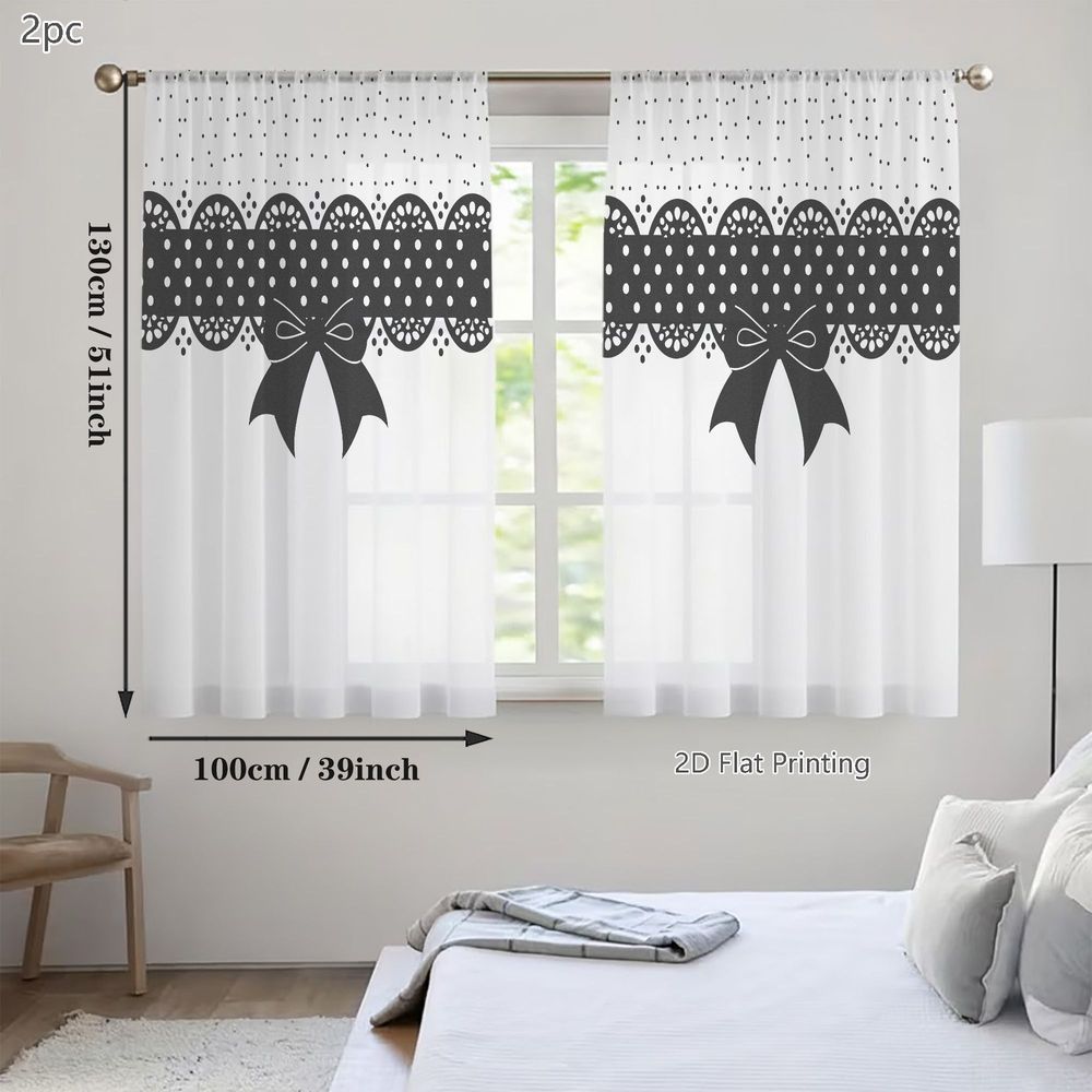 TEMU 2d Flat, 2pcs Spring Summer Small Sheer Curtains, Black And With Scalloped Lace Border And Large Bow, Perfect For Living Rooms, Dining Areas,